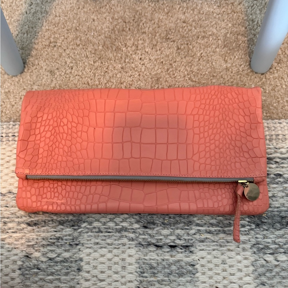 Clare V Pink Leather Faux Alligator Print Clutch Bag